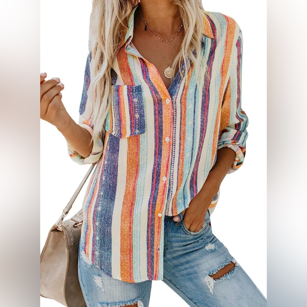 Astylish Womens V Neck Striped Roll up Sleeve Button Down Blouses Top | Size Med